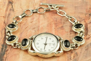 Genuine Black Onyx set in Sterling Silver Quartz Watch Bracelet. Created by Navajo Artist Tony Garcia.